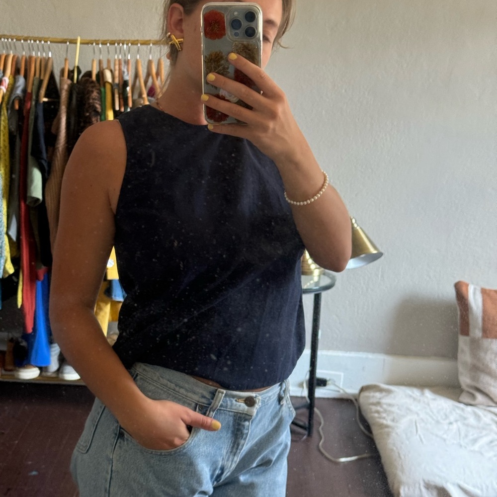 Navy linen sleeveless shirt with back cut out; LOFT size extra small